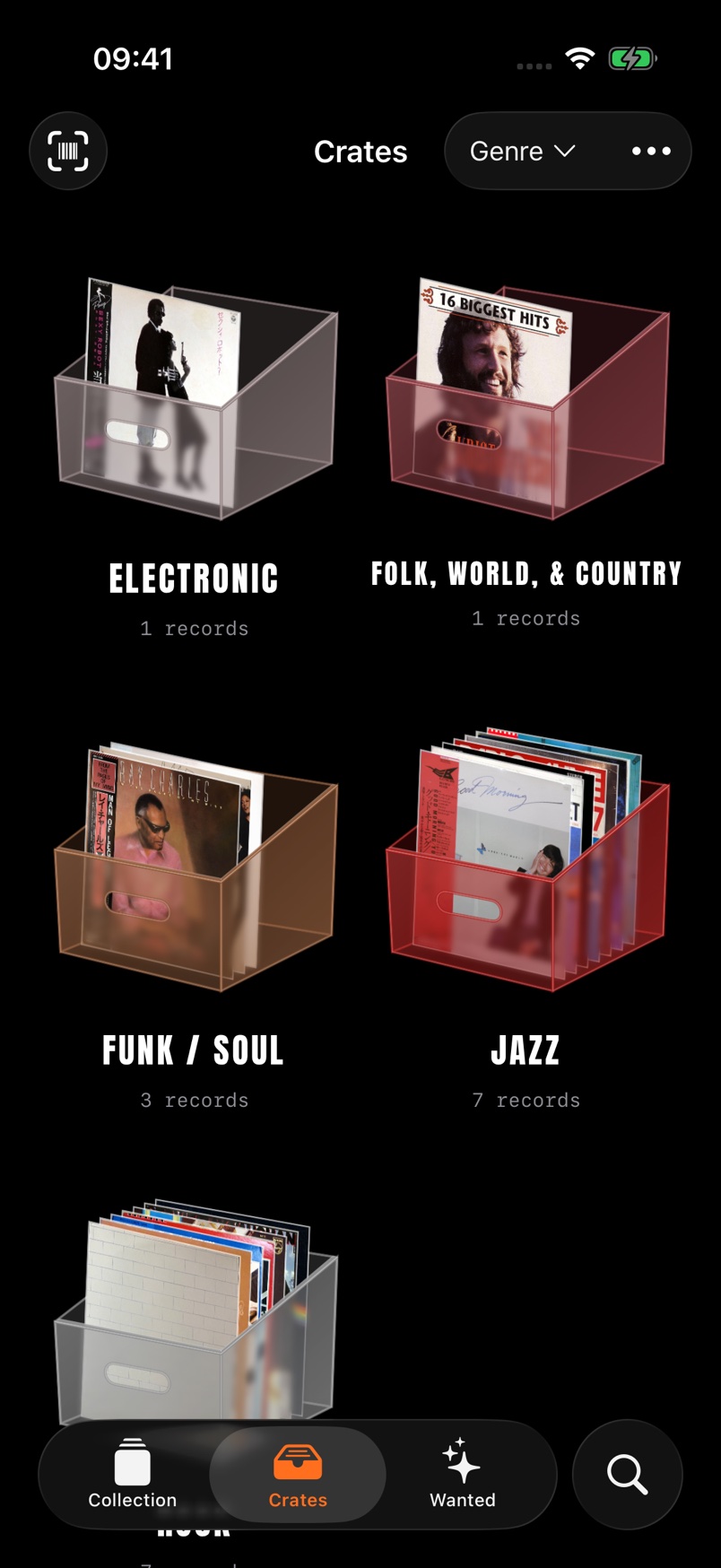 CRATTO dark-mode record crates grouped by genre